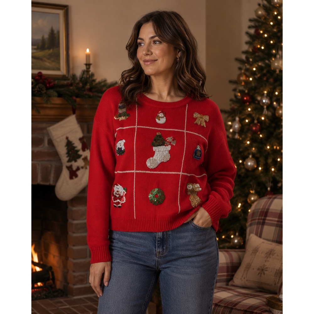 Work in Progress Christmas Sweater Womens Large Red Sequin Beaded Holiday Kitsch